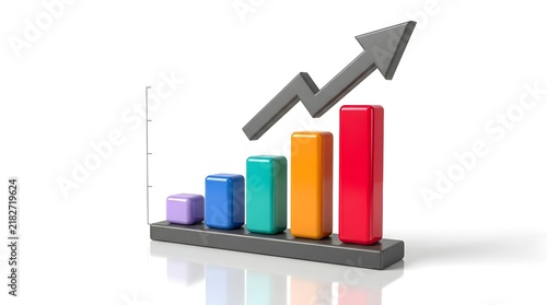Colorful bar graph with upward trending arrow on a reflective surface