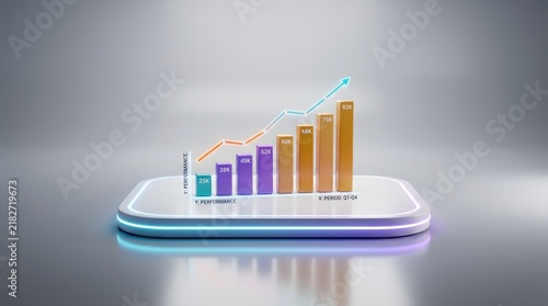 Rising bar graph with upward trend and illuminated platform 3d rendering