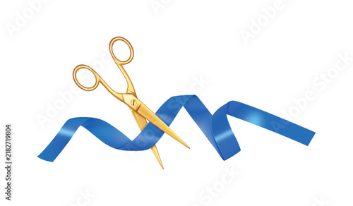 Golden scissors cut Blue Silk Ribbon with precision
