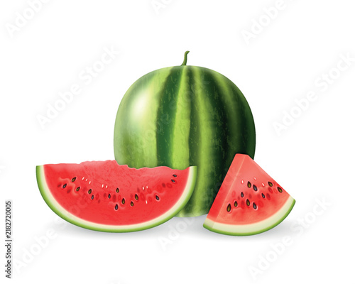 Realistic 3D Fresh watermelon slice beside whole fruit isolated on white background