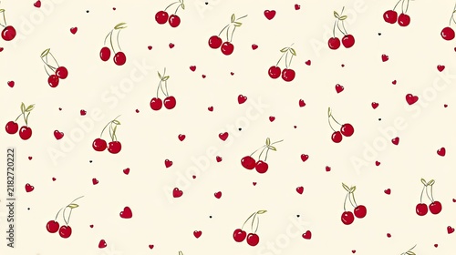 Seamless cherry pattern with small red fruit and delicate stems on a warm cream background, playful summer food illustration and surface design