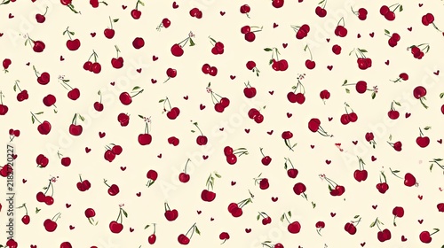 Seamless fruit pattern with red cherries and small berry accents on a warm cream background, playful summer illustration and decorative surface design