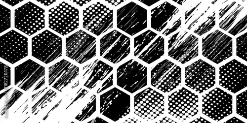 Black and white grunge hexagon pattern with distortion for creative editable background.vector eps10.