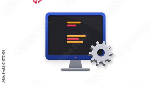 3D animated computer monitor with glowing code interface and mechanical gear