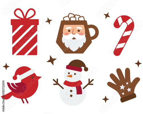 Cute Christmas vector set with a gift box, Santa Claus mug, candy cane, red bird, snowman, and winter glove