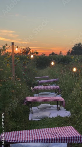 Romantic Picnic Spot at Sunset: A serene outdoor dining area adorned with picnic tables, checkered tablecloths, and fairy lights, set amidst a blooming meadow as the sun dips below the horizon.