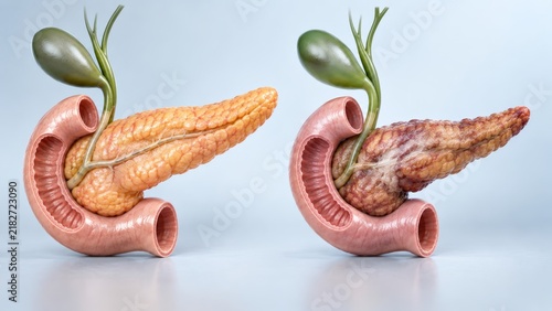 Healthy and diseased pancreas comparison with gallbladder and duodenum anatomy. 3D medical illustration of pancreatitis, cancer and