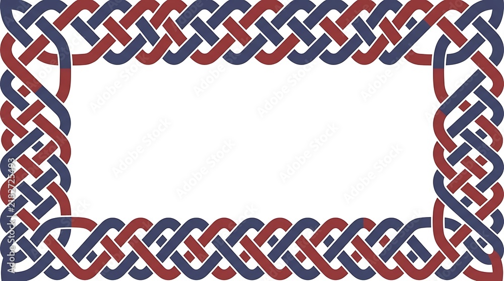 Obraz premium Decorative rectangular frame featuring an intricate woven celtic knot pattern in shades of blue and red on white