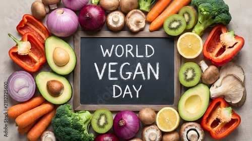 A chalkboard sign with the text world vegan day surrounded by a colorful frame of fresh organic vegetables and fruits