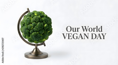 A creative globe made of fresh green broccoli florets isolated on a white background for celebrating world vegan day event