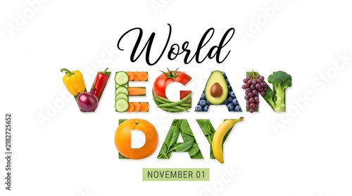 World vegan day typography design created with fresh colorful vegetables and fruits isolated on a clean white background for celebration