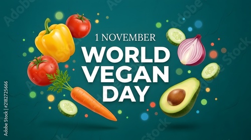 World vegan day celebration poster design with fresh vegetables like avocado carrot bell pepper and tomato on a dark background