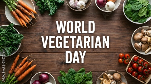 Top view of fresh organic vegetables arranged around the text world vegetarian day on a rustic dark wooden kitchen table background