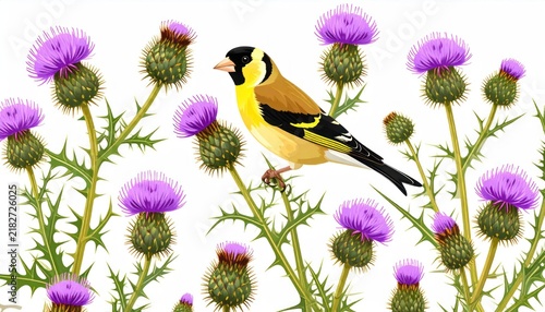 European goldfinch bird perched on purple thistle flowers.