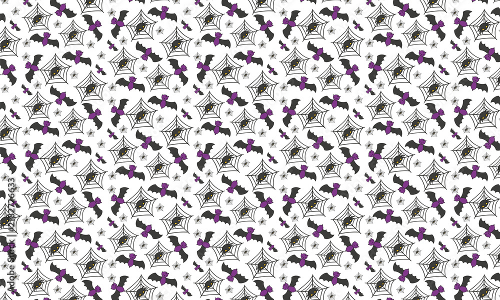 Fototapeta premium Halloween Seamless Pattern with Cute Purple Bats Spider Webs and Spiders on White Background