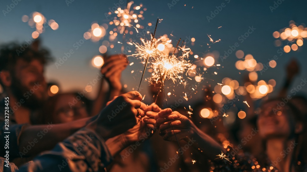 Obraz premium Close-up of young people holding glowing sparklers against the night sky, festive New Year celebration, friendship and joyful holiday party, stock photo