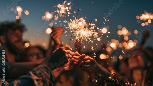 Close-up of young people holding glowing sparklers against the night sky, festive New Year celebration, friendship and joyful holiday party, stock photo