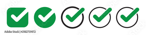 Принти на полотні Green and black check mark vector icon set inside square circle outline frames for correct survey choices