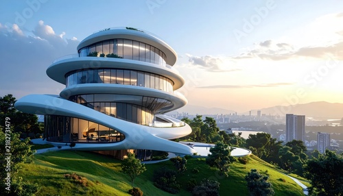 Spiral futuristic white building on a grassy hillside.