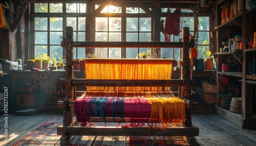Rustic indoor weaving studio with traditional hand loom