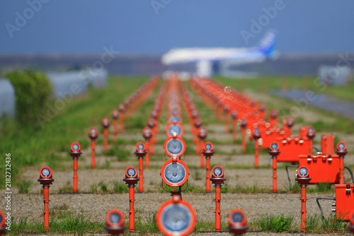 Cuadro en lienzo An airliner comes in to land beyond a long row of red approach lights on July 5, 2016 in Japan