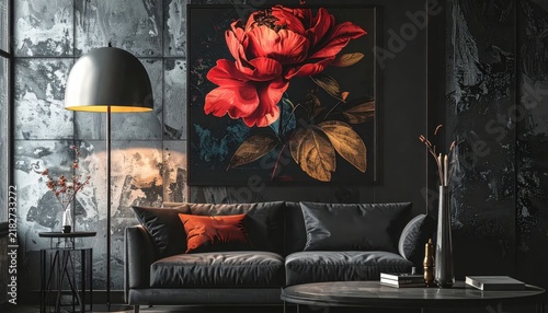 Modern dark living room with large floral wall art.