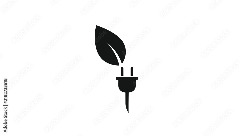 Obraz premium Green energy icon showing a black power electrical plug morphing into a leaf on a solid white background.