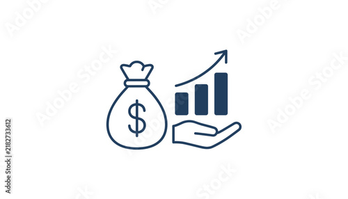 Conceptual outline icon of financial growth featuring a hand holding a rising bar chart next to a dollar money bag.