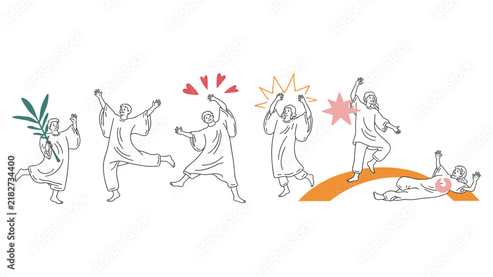 Fototapeta premium Palm Sunday Celebration: A stylized depiction of people celebrating Palm Sunday, with figures holding palm branches and expressing a range of emotions from joy to exhaustion.