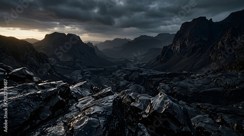 A cinematic obsidian shadow landscape 4k wallpaper featuring dark volcanic mountains under a dramatic stormy sky with subtle golden light rays