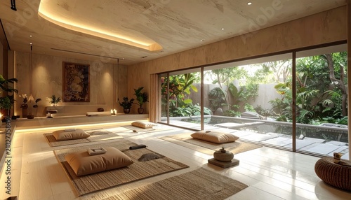 Minimalist meditation room with floor cushions and garden view.