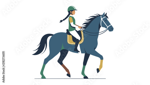 Female equestrian in professional gear rides a majestic dark horse against a clean white background for traditional sport and hobby.