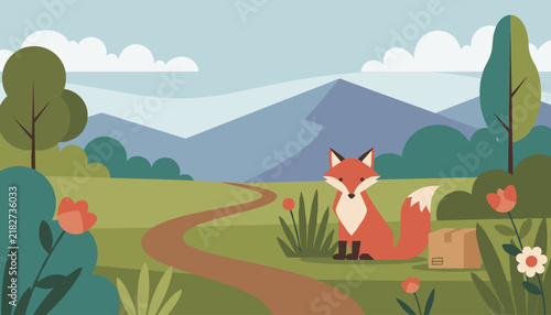 Cute red fox sits in a lush green meadow with a winding path and tall mountains under a cloudy sky near a small cardboard delivery box.