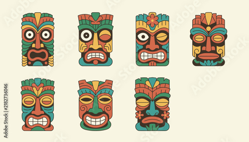Array of colorful traditional tiki masks displays different emotional expressions such as anger, surprise, and joy for tropical decor.