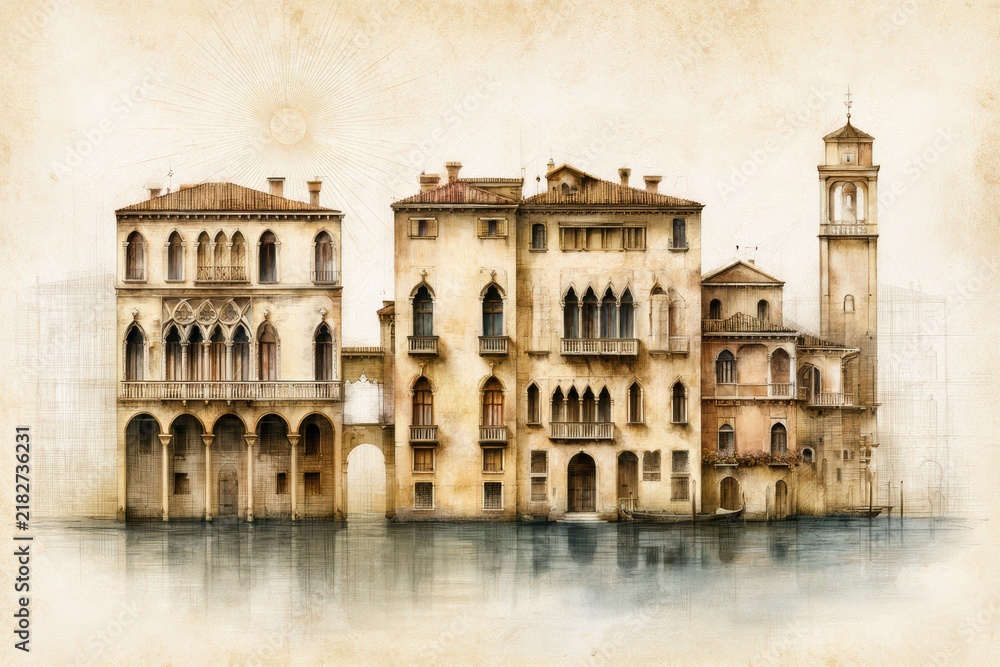Fototapeta premium Vintage Venetian buildings standing along canal, historic architectural sketch on parchment background