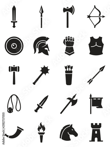 Medieval Weapons and Armor Silhouette Icons Set