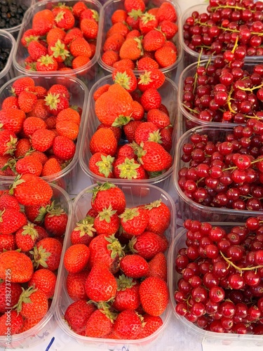 Assorted fresh berries in plastic containers at farmers market - raspberries, blackcurrants and blueberries for sale