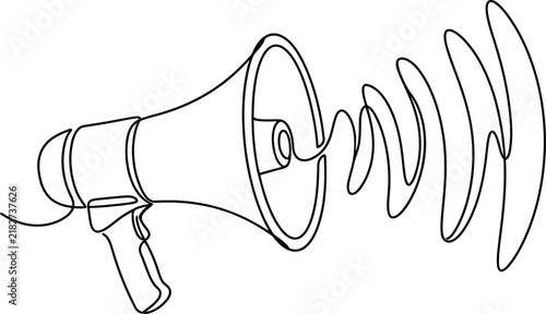 Continuous line drawing of a megaphone making sound waves