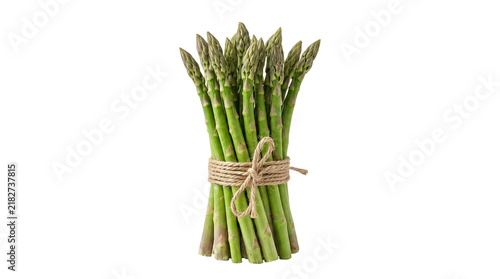 Fresh vibrant green asparagus stalks tied together with rustic twine against a clean white background