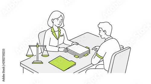 Professional lawyer consulting client in office, legal advisor meeting with justice scales, attorney at desk with documents vector illustration