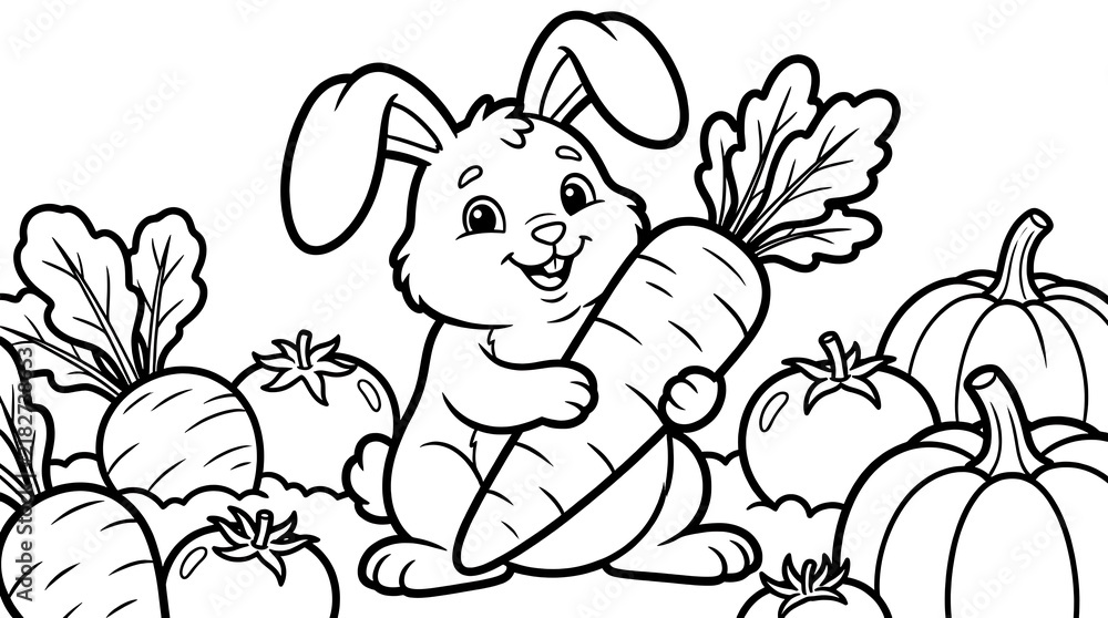Obraz premium Cute bunny holding a carrot in a vegetable garden coloring page for children