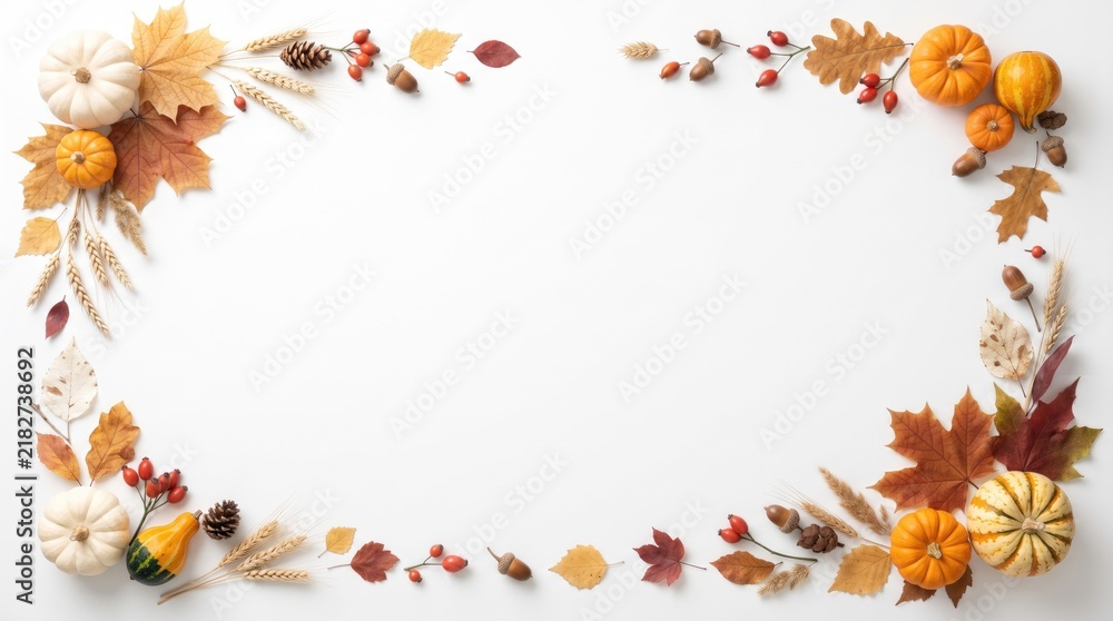 Fototapeta premium Autumn harvest border frame with pumpkins and colorful fall leaves on white background