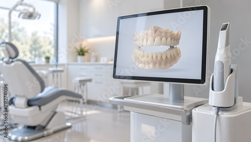 A digital intraoral scanner displays a three dimensional dental arch model in a modern clinic office with professional dental treatment showing detailed rendering