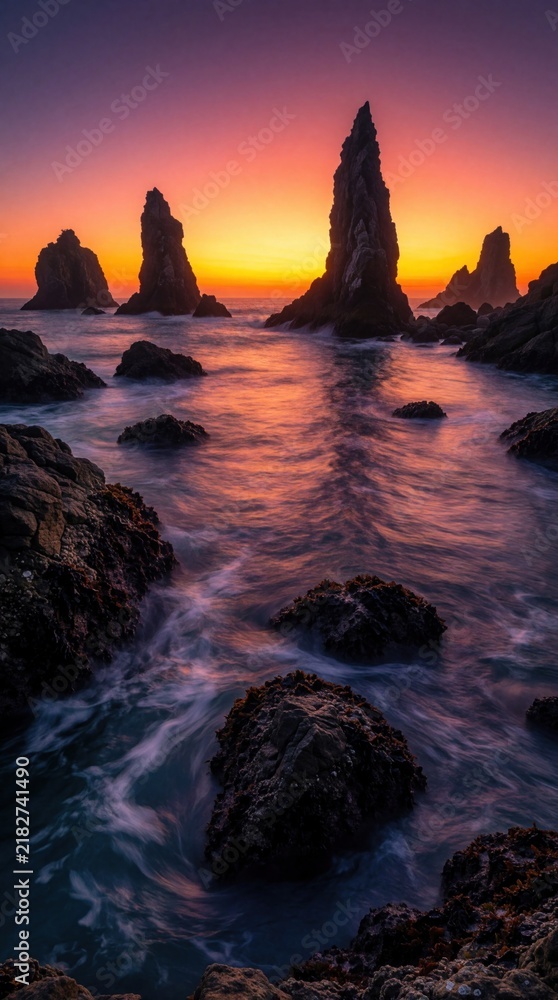 Obraz premium Jagged rocks stand in ocean water with vibrant sunset sky colors reflecting on waves. Coastal landscape shows dramatic twilight hour over sea horizon, creating peaceful mood.