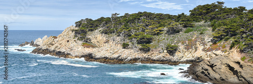 Quadro su tela Extra-wide panoramic view of a rugged California coastline with rocky cliffs, dense windswept cypress trees and white Pacific surf breaking along the shore