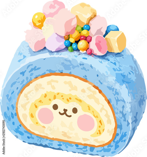 Cute kawaii-style blue Swiss roll cake illustration. Features a cute bear face on the sponge cross-section, topped with pastel marshmallows and colorful sprinkles