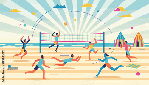 Dynamic illustration of people playing beach volleyball on a sunny sandy beach with sea and tents in the background.