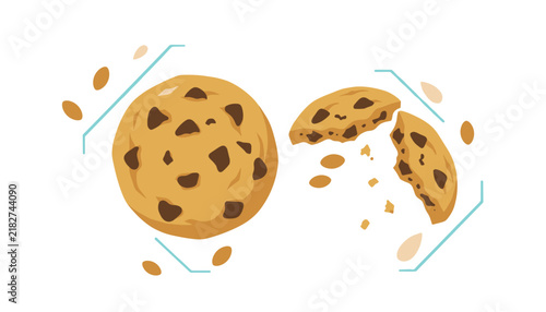 Delicious chocolate chip cookies showing one whole cookie and one broken cookie with scattered crumbs on white.
