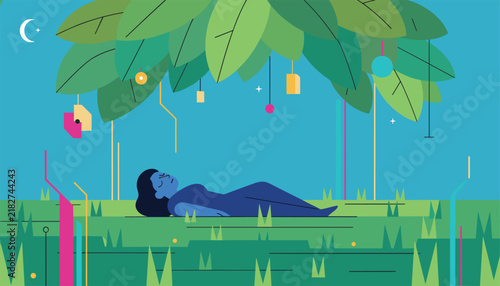 Peaceful person lying down sleeping under a lush green tree canopy decorated with hanging lamps during the night.