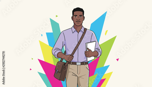 Confident young African American male student holding books and wearing a shoulder bag against dynamic abstract backdrop.